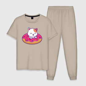 Мужская пижама хлопок с принтом Котик и пончик , 100% хлопок | брюки и футболка прямого кроя, без карманов, на брюках мягкая резинка на поясе и по низу штанин
 | 