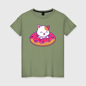 Женская футболка хлопок с принтом Котик и пончик , 100% хлопок | прямой крой, круглый вырез горловины, длина до линии бедер, слегка спущенное плечо | 
