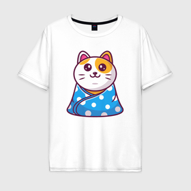 Мужская футболка хлопок Oversize с принтом Кошка в одеялке , 100% хлопок | свободный крой, круглый ворот, “спинка” длиннее передней части | Тематика изображения на принте: 