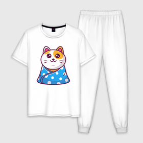 Мужская пижама хлопок с принтом Кошка в одеялке , 100% хлопок | брюки и футболка прямого кроя, без карманов, на брюках мягкая резинка на поясе и по низу штанин
 | Тематика изображения на принте: 