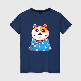 Женская футболка хлопок с принтом Кошка в одеялке , 100% хлопок | прямой крой, круглый вырез горловины, длина до линии бедер, слегка спущенное плечо | Тематика изображения на принте: 