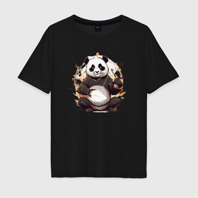 Мужская футболка хлопок Oversize с принтом Спокойствие панды в Кировске, 100% хлопок | свободный крой, круглый ворот, “спинка” длиннее передней части | 