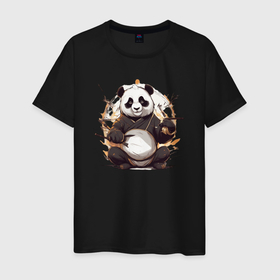 Мужская футболка хлопок с принтом Спокойствие панды в Екатеринбурге, 100% хлопок | прямой крой, круглый вырез горловины, длина до линии бедер, слегка спущенное плечо. | Тематика изображения на принте: 