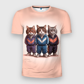 Мужская футболка 3D Slim с принтом Три полосатых кота в спортивных костюмах пацана в Белгороде, 100% полиэстер с улучшенными характеристиками | приталенный силуэт, круглая горловина, широкие плечи, сужается к линии бедра | 