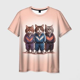 Мужская футболка 3D с принтом Три полосатых кота в спортивных костюмах пацана в Петрозаводске, 100% полиэфир | прямой крой, круглый вырез горловины, длина до линии бедер | 