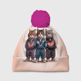 Шапка 3D c помпоном с принтом Три полосатых кота в спортивных костюмах пацана в Петрозаводске, 100% полиэстер | универсальный размер, печать по всей поверхности изделия | 