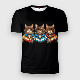 Мужская футболка 3D Slim с принтом Три кота в спортивных костюмах в Санкт-Петербурге, 100% полиэстер с улучшенными характеристиками | приталенный силуэт, круглая горловина, широкие плечи, сужается к линии бедра | 