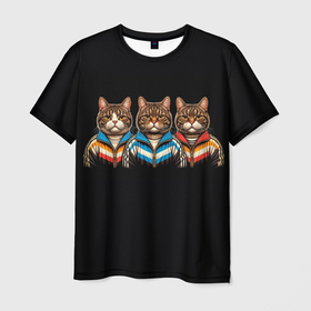 Мужская футболка 3D с принтом Три кота в спортивных костюмах в Курске, 100% полиэфир | прямой крой, круглый вырез горловины, длина до линии бедер | 