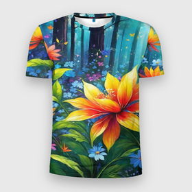 Мужская футболка 3D Slim с принтом Сказочный цветок в волшебном лесу в Екатеринбурге, 100% полиэстер с улучшенными характеристиками | приталенный силуэт, круглая горловина, широкие плечи, сужается к линии бедра | 