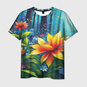 Мужская футболка 3D с принтом Сказочный цветок в волшебном лесу в Курске, 100% полиэфир | прямой крой, круглый вырез горловины, длина до линии бедер | 
