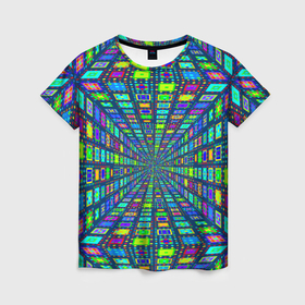 Женская футболка 3D с принтом Абстрактный узор коридор из разноцветных квадратов в Курске, 100% полиэфир ( синтетическое хлопкоподобное полотно) | прямой крой, круглый вырез горловины, длина до линии бедер | 