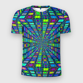 Мужская футболка 3D Slim с принтом Абстрактный узор коридор из разноцветных квадратов в Тюмени, 100% полиэстер с улучшенными характеристиками | приталенный силуэт, круглая горловина, широкие плечи, сужается к линии бедра | 