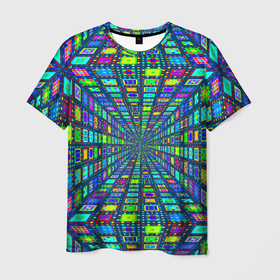 Мужская футболка 3D с принтом Абстрактный узор коридор из разноцветных квадратов , 100% полиэфир | прямой крой, круглый вырез горловины, длина до линии бедер | 
