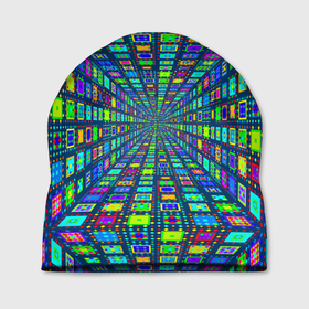 Шапка 3D с принтом Абстрактный узор коридор из разноцветных квадратов в Петрозаводске, 100% полиэстер | универсальный размер, печать по всей поверхности изделия | Тематика изображения на принте: 