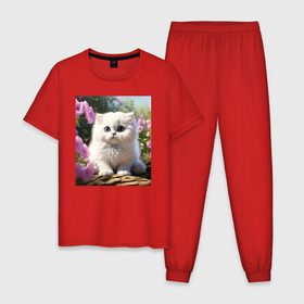 Мужская пижама хлопок с принтом Котенок и цветы 1 в Курске, 100% хлопок | брюки и футболка прямого кроя, без карманов, на брюках мягкая резинка на поясе и по низу штанин
 | 
