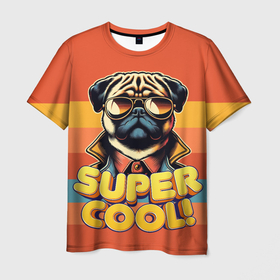 Мужская футболка 3D с принтом Супер крутой мопс в Курске, 100% полиэфир | прямой крой, круглый вырез горловины, длина до линии бедер | 