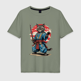 Мужская футболка хлопок Oversize с принтом Самурай кот с катаной в Белгороде, 100% хлопок | свободный крой, круглый ворот, “спинка” длиннее передней части | 