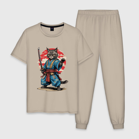 Мужская пижама хлопок с принтом Самурай кот с катаной в Курске, 100% хлопок | брюки и футболка прямого кроя, без карманов, на брюках мягкая резинка на поясе и по низу штанин
 | 