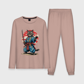Мужская пижама с лонгсливом хлопок с принтом Самурай кот с катаной в Курске,  |  | 