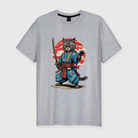 Мужская футболка хлопок Slim с принтом Самурай кот с катаной в Курске, 92% хлопок, 8% лайкра | приталенный силуэт, круглый вырез ворота, длина до линии бедра, короткий рукав | 