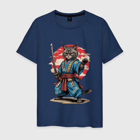 Мужская футболка хлопок с принтом Самурай кот с катаной в Кировске, 100% хлопок | прямой крой, круглый вырез горловины, длина до линии бедер, слегка спущенное плечо. | 