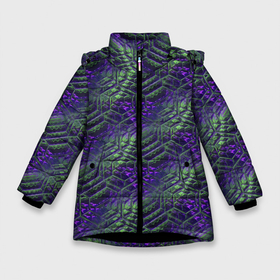 Зимняя куртка для девочек 3D с принтом Фиолетово зеленые ромбики в Санкт-Петербурге, ткань верха — 100% полиэстер; подклад — 100% полиэстер, утеплитель — 100% полиэстер. | длина ниже бедра, удлиненная спинка, воротник стойка и отстегивающийся капюшон. Есть боковые карманы с листочкой на кнопках, утяжки по низу изделия и внутренний карман на молнии. 

Предусмотрены светоотражающий принт на спинке, радужный светоотражающий элемент на пуллере молнии и на резинке для утяжки. | 