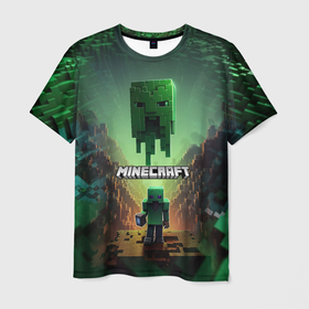 Мужская футболка 3D с принтом Minecraft зеленая летящая голова в Курске, 100% полиэфир | прямой крой, круглый вырез горловины, длина до линии бедер | 
