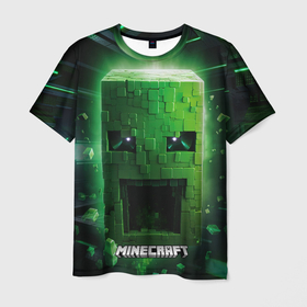 Мужская футболка 3D с принтом Minecraft зеленая большая голова в Курске, 100% полиэфир | прямой крой, круглый вырез горловины, длина до линии бедер | 