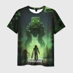 Мужская футболка 3D с принтом Minecraft зеленый монстр с яркими глазами в Курске, 100% полиэфир | прямой крой, круглый вырез горловины, длина до линии бедер | 