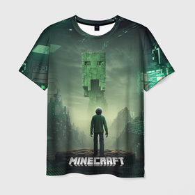 Мужская футболка 3D с принтом Minecraft зеленый монстр и персонаж в Новосибирске, 100% полиэфир | прямой крой, круглый вырез горловины, длина до линии бедер | 