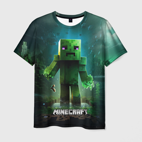Мужская футболка 3D с принтом Minecraft зеленый персонаж на острове , 100% полиэфир | прямой крой, круглый вырез горловины, длина до линии бедер | Тематика изображения на принте: 