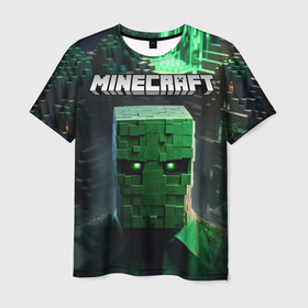 Мужская футболка 3D с принтом Minecraft зеленый персонаж каменные джунгли в Курске, 100% полиэфир | прямой крой, круглый вырез горловины, длина до линии бедер | 