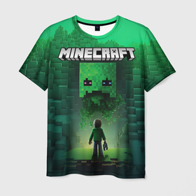 Мужская футболка 3D с принтом Minecraft зеленый персонаж и зеленые горы , 100% полиэфир | прямой крой, круглый вырез горловины, длина до линии бедер | Тематика изображения на принте: 