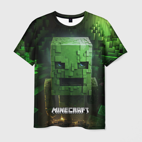 Мужская футболка 3D с принтом Minecraft зеленый персонаж в пещере в Новосибирске, 100% полиэфир | прямой крой, круглый вырез горловины, длина до линии бедер | 