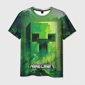 Мужская футболка 3D с принтом Minecraft зеленый персонаж в мире пикселей , 100% полиэфир | прямой крой, круглый вырез горловины, длина до линии бедер | Тематика изображения на принте: 