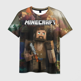 Мужская футболка 3D с принтом Minecraft персонаж с бородой у горы , 100% полиэфир | прямой крой, круглый вырез горловины, длина до линии бедер | Тематика изображения на принте: 