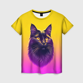 Женская футболка 3D с принтом Кот чёрный с золотыми глазами , 100% полиэфир ( синтетическое хлопкоподобное полотно) | прямой крой, круглый вырез горловины, длина до линии бедер | 