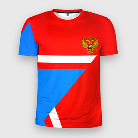 Мужская футболка 3D Slim с принтом Герб России звезда спорт в Тюмени, 100% полиэстер с улучшенными характеристиками | приталенный силуэт, круглая горловина, широкие плечи, сужается к линии бедра | 