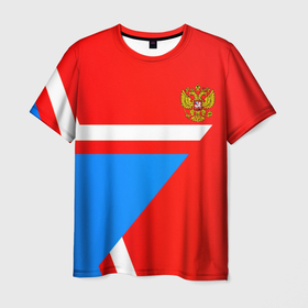 Мужская футболка 3D с принтом Герб России звезда спорт в Тюмени, 100% полиэфир | прямой крой, круглый вырез горловины, длина до линии бедер | 