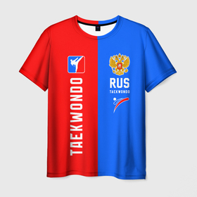 Мужская футболка 3D с принтом Тхэквондо синий и красный в Белгороде, 100% полиэфир | прямой крой, круглый вырез горловины, длина до линии бедер | 