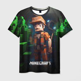 Мужская футболка 3D с принтом Minecraft персонаж ночной пейзаж , 100% полиэфир | прямой крой, круглый вырез горловины, длина до линии бедер | Тематика изображения на принте: 