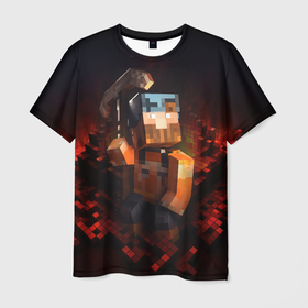 Мужская футболка 3D с принтом Minecraft персонаж в огне в Курске, 100% полиэфир | прямой крой, круглый вырез горловины, длина до линии бедер | Тематика изображения на принте: 