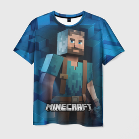 Мужская футболка 3D с принтом Minecraft персонаж синий фон , 100% полиэфир | прямой крой, круглый вырез горловины, длина до линии бедер | Тематика изображения на принте: 