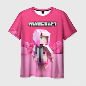 Мужская футболка 3D с принтом Minecraft персонаж розовый фон , 100% полиэфир | прямой крой, круглый вырез горловины, длина до линии бедер | Тематика изображения на принте: 