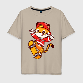 Мужская футболка хлопок Oversize с принтом Skater teen tiger в Курске, 100% хлопок | свободный крой, круглый ворот, “спинка” длиннее передней части | Тематика изображения на принте: 