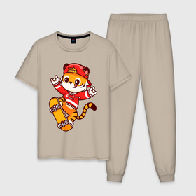 Мужская пижама хлопок с принтом Skater teen tiger в Курске, 100% хлопок | брюки и футболка прямого кроя, без карманов, на брюках мягкая резинка на поясе и по низу штанин
 | Тематика изображения на принте: 