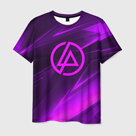 Мужская футболка 3D с принтом Linkin park neon stripes logo в Кировске, 100% полиэфир | прямой крой, круглый вырез горловины, длина до линии бедер | Тематика изображения на принте: 