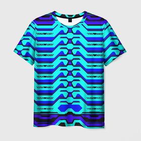 Мужская футболка 3D с принтом Голубая киберпанк броня в Курске, 100% полиэфир | прямой крой, круглый вырез горловины, длина до линии бедер | 