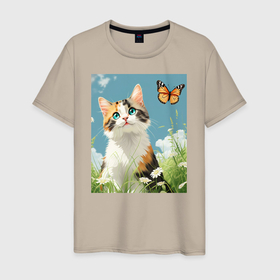 Мужская футболка хлопок с принтом Мечтающий котик в Тюмени, 100% хлопок | прямой крой, круглый вырез горловины, длина до линии бедер, слегка спущенное плечо. | 