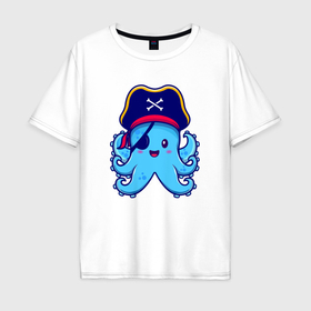 Мужская футболка хлопок Oversize с принтом Pirate octopus в Екатеринбурге, 100% хлопок | свободный крой, круглый ворот, “спинка” длиннее передней части | 